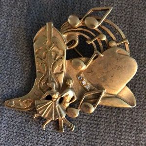 Vintage AJC Gold Tone Western Square Dance Brooch